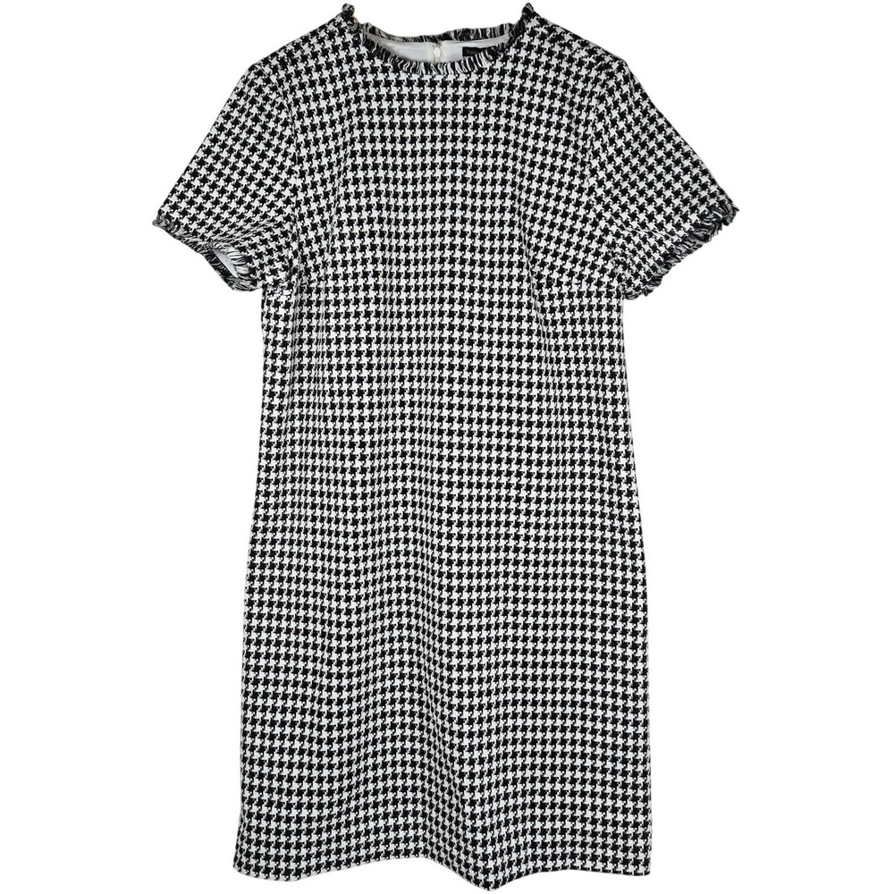 Violets & Roses Houndstooth Tweed Shift Dress Black White Fringe Hem‎ Size 16